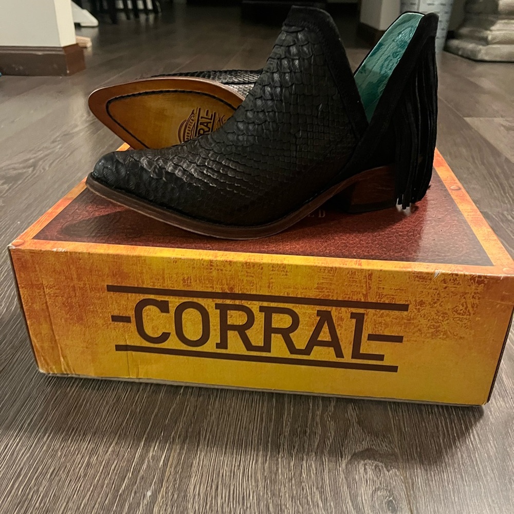 Corral Black Snakeskin Python Fringe Ankle Booties Western